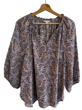 J Jill Womens Linen Floral Peasant Top Size 2X Loose Boho Coastal Mature Cottage